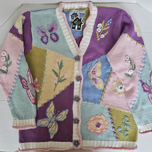 NWT Vtg Storybook Knits Butterfly & Floral Patchwork Sweater Cardigan Size L 90s - Picture 16 of 16